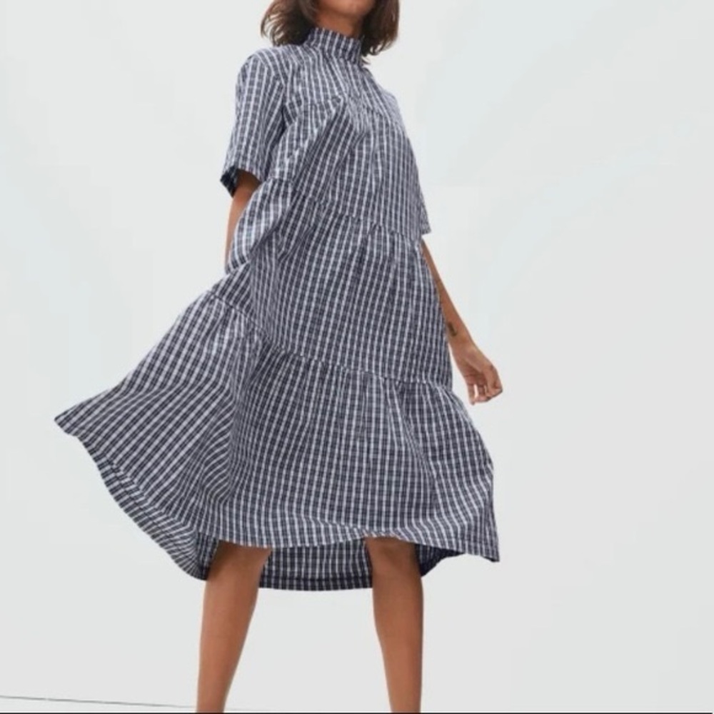 Elegant Mock neck Tiered Checkered Midi Dress